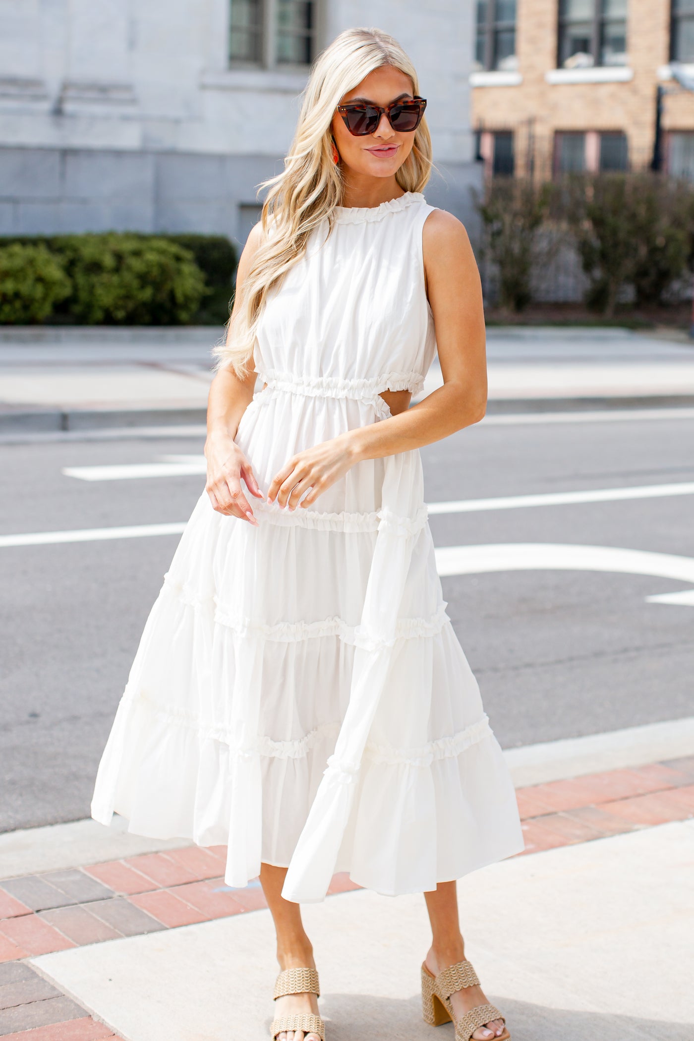 white Tiered Ruffle Maxi Dress on model