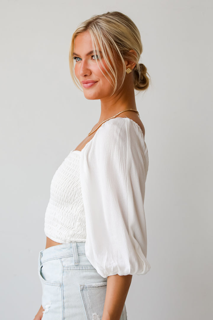Juliette White Smocked Cropped Blouse