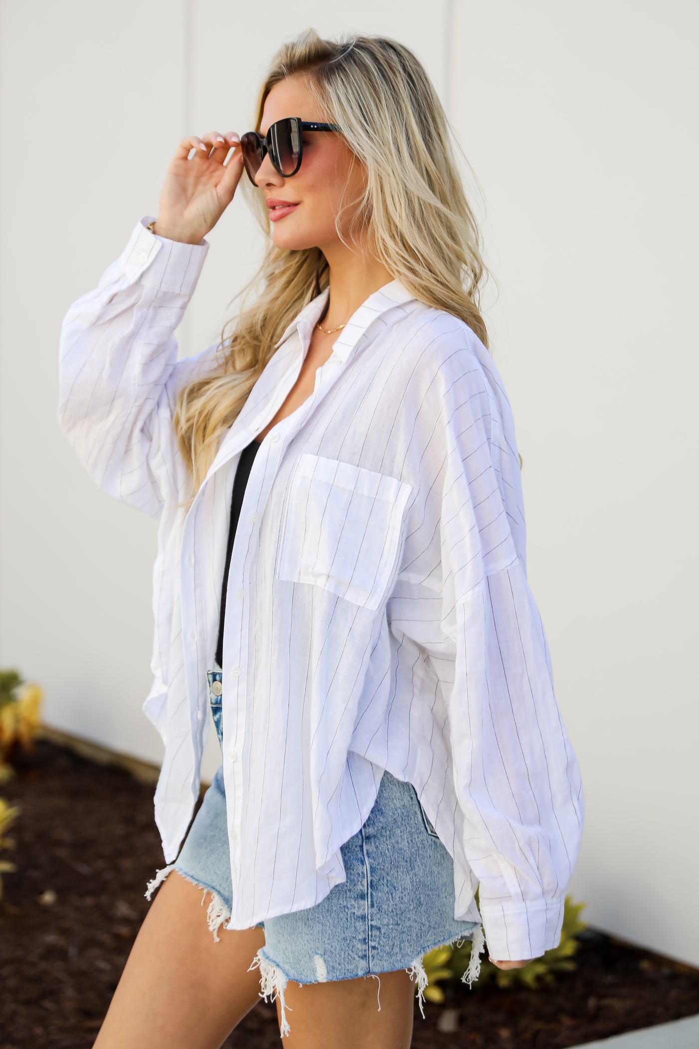 white Pinstripe Oversized Button-Up Blouse