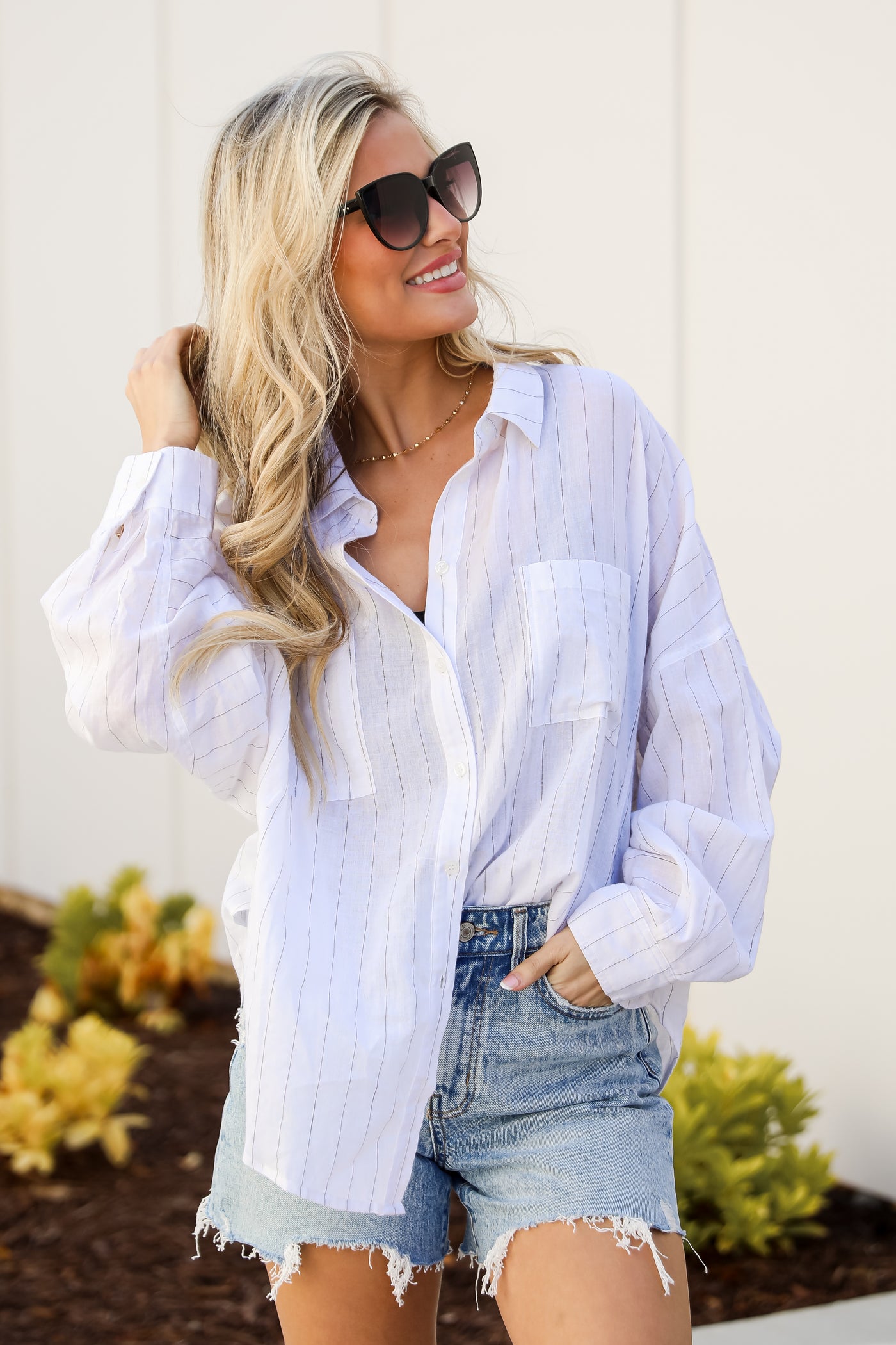 Pinstripe Oversized Button-Up Blouse