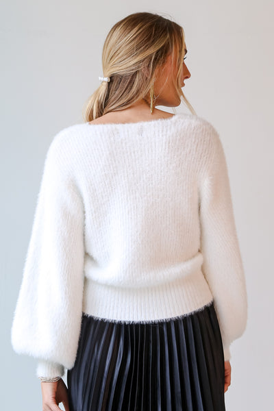 Ivory Fuzzy Knit Pearl Sweater Cardigan back view
