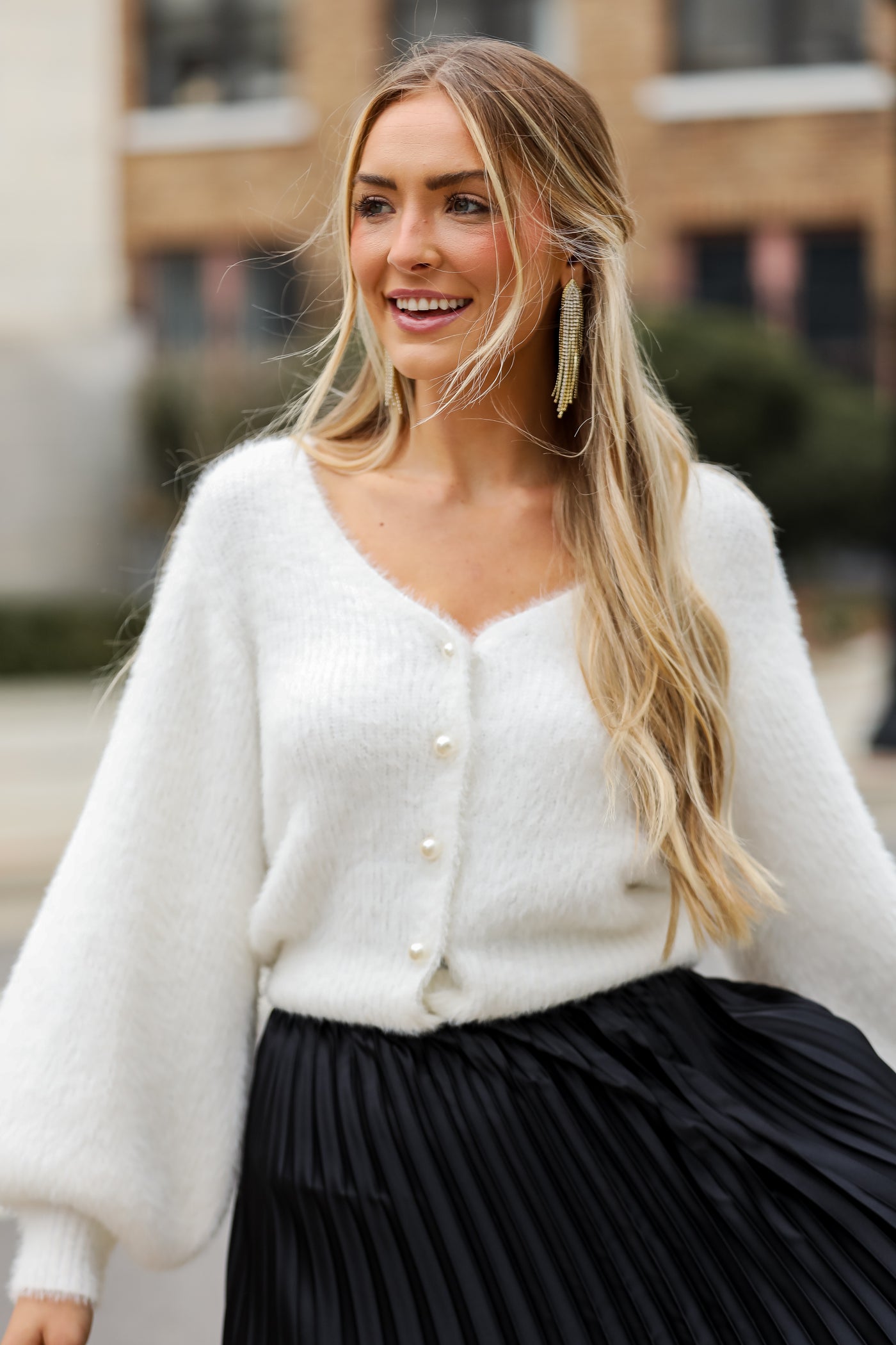 Ivory Fuzzy Knit Pearl Sweater Cardigan