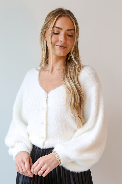 Ivory Fuzzy Knit Pearl Sweater Cardigan front view
