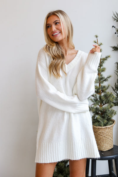 Ivory Mini Sweater Dress front view