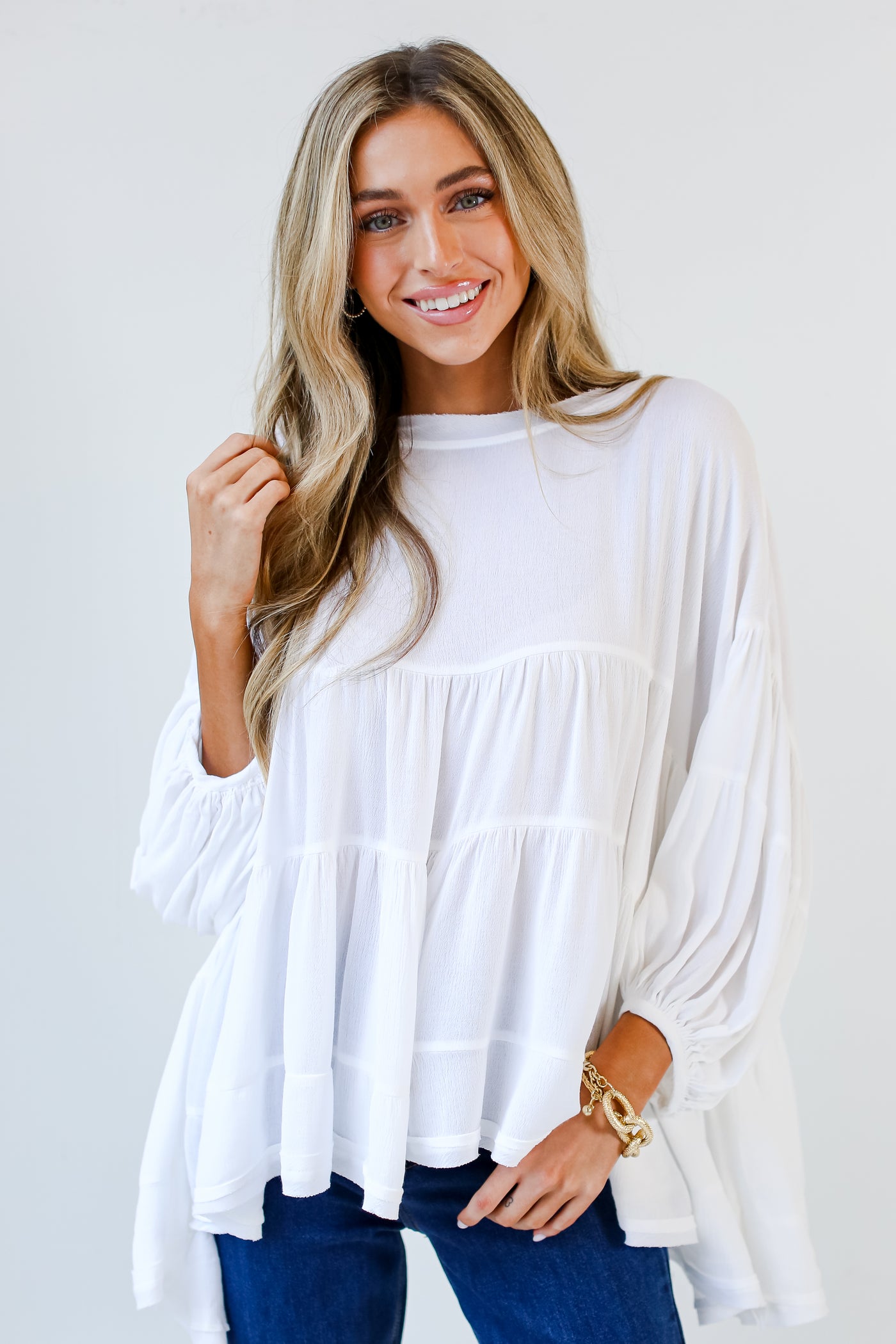 white Tiered Oversized Blouse on dress up model