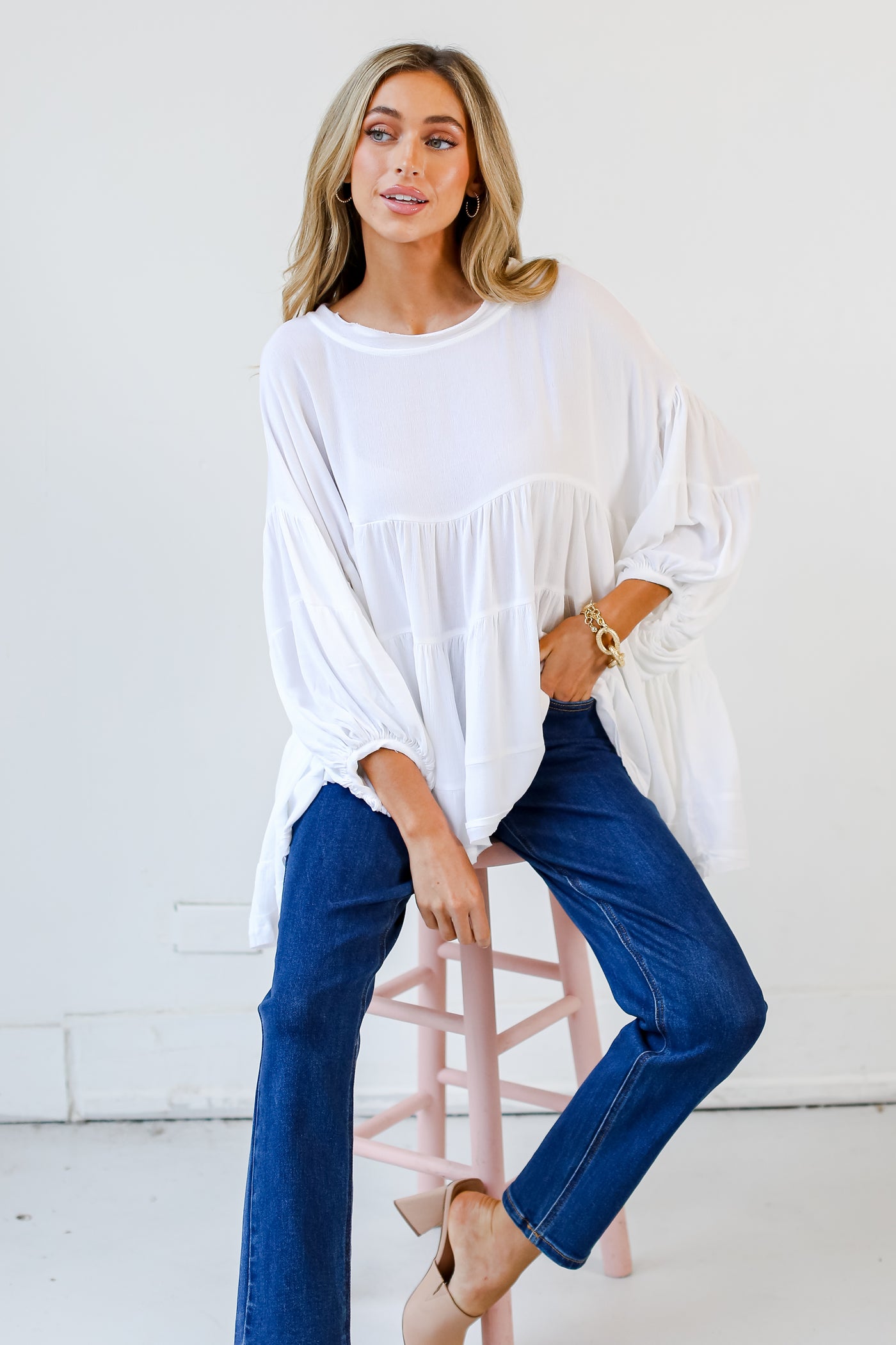 white Tiered Oversized Blouse front view