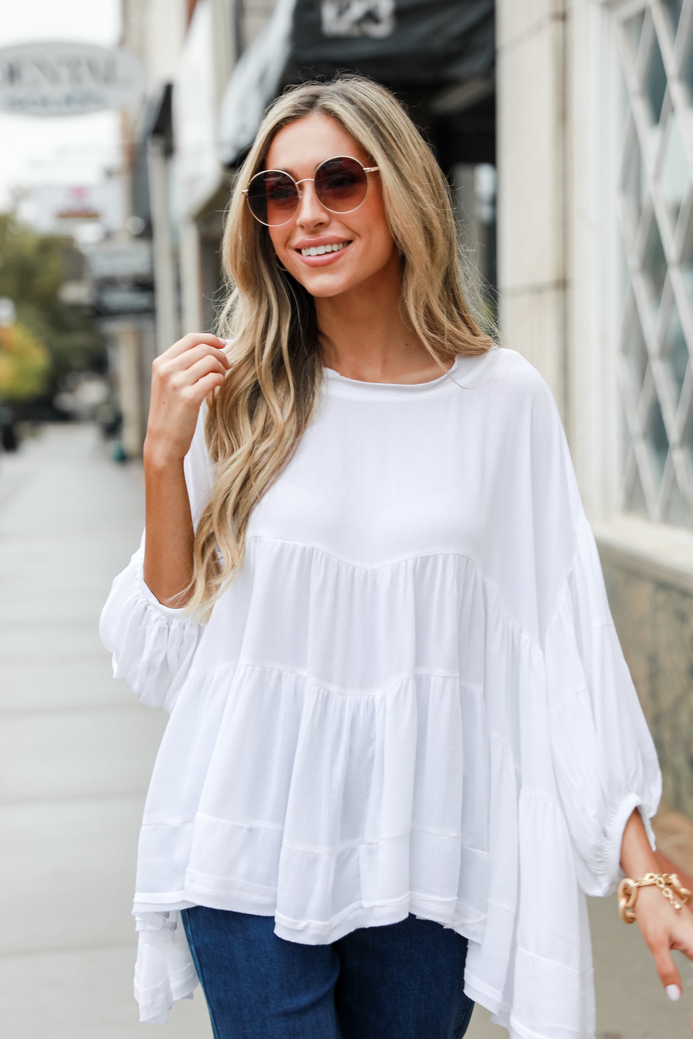 white Tiered Oversized Blouse on model