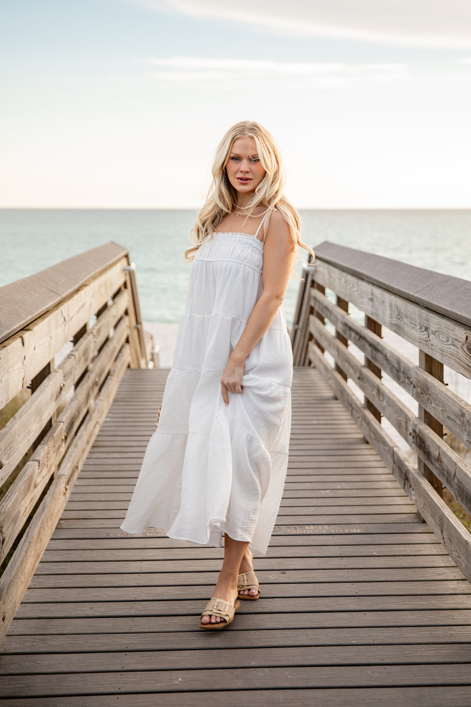 white tiered maxi dress Ivory Ruched Sleeveless adorned with romantic tiers and ruffles Sail Away Tiered Maxi Dress