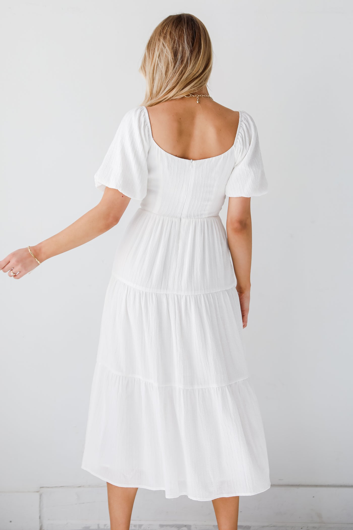 white bachelorette dress Completely Precious White Tiered Midi Dress