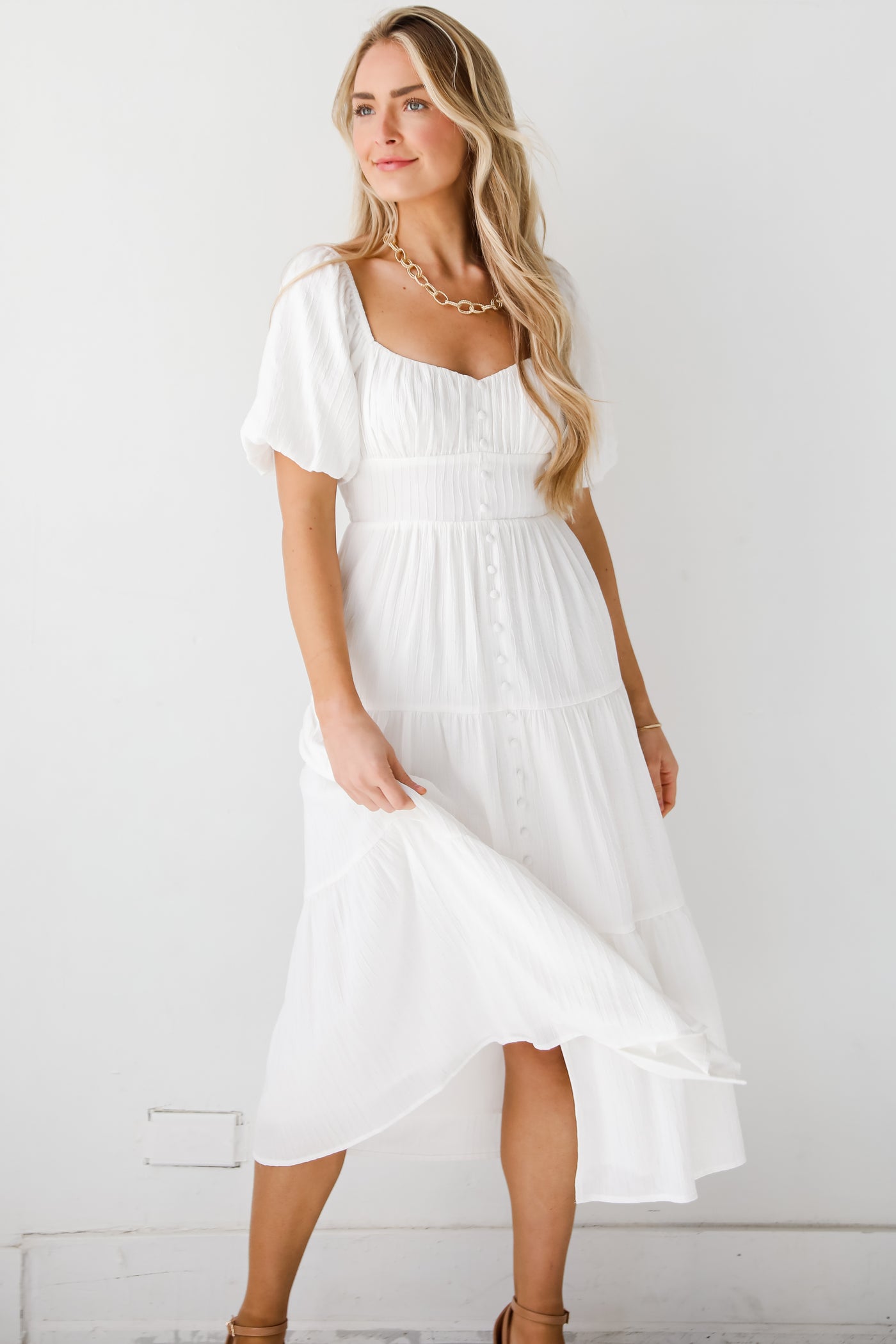 white bridal dressCompletely Precious White Tiered Midi Dress