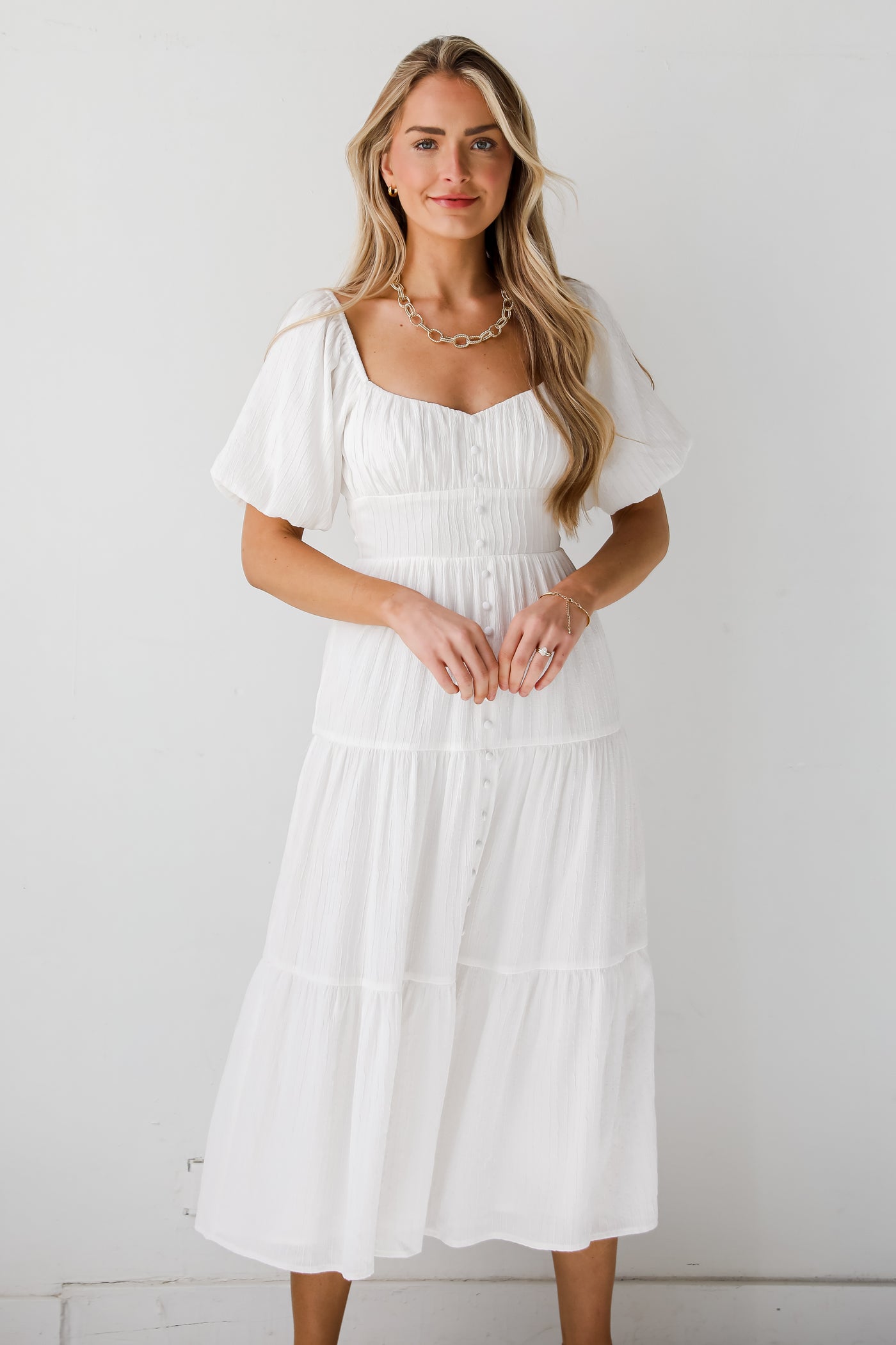 Completely Precious White Tiered Midi Dress cute white dresses