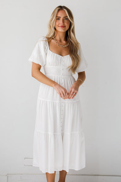 cute White Tiered Midi Dress