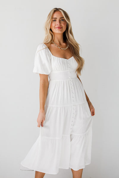 Completely Precious White Tiered Midi Dress white dresses for brides