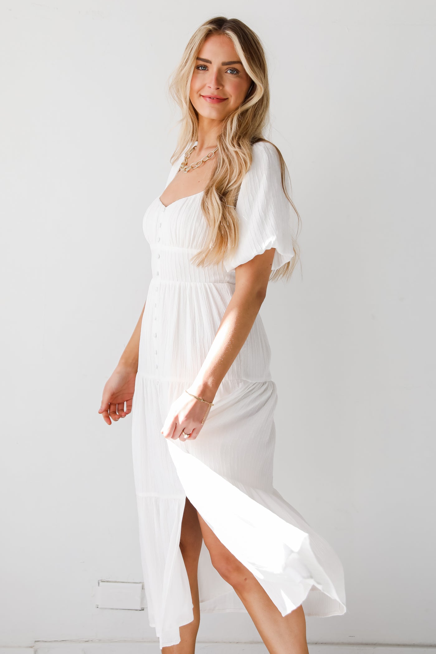 Completely Precious White Tiered Midi Dress bridal shower dress