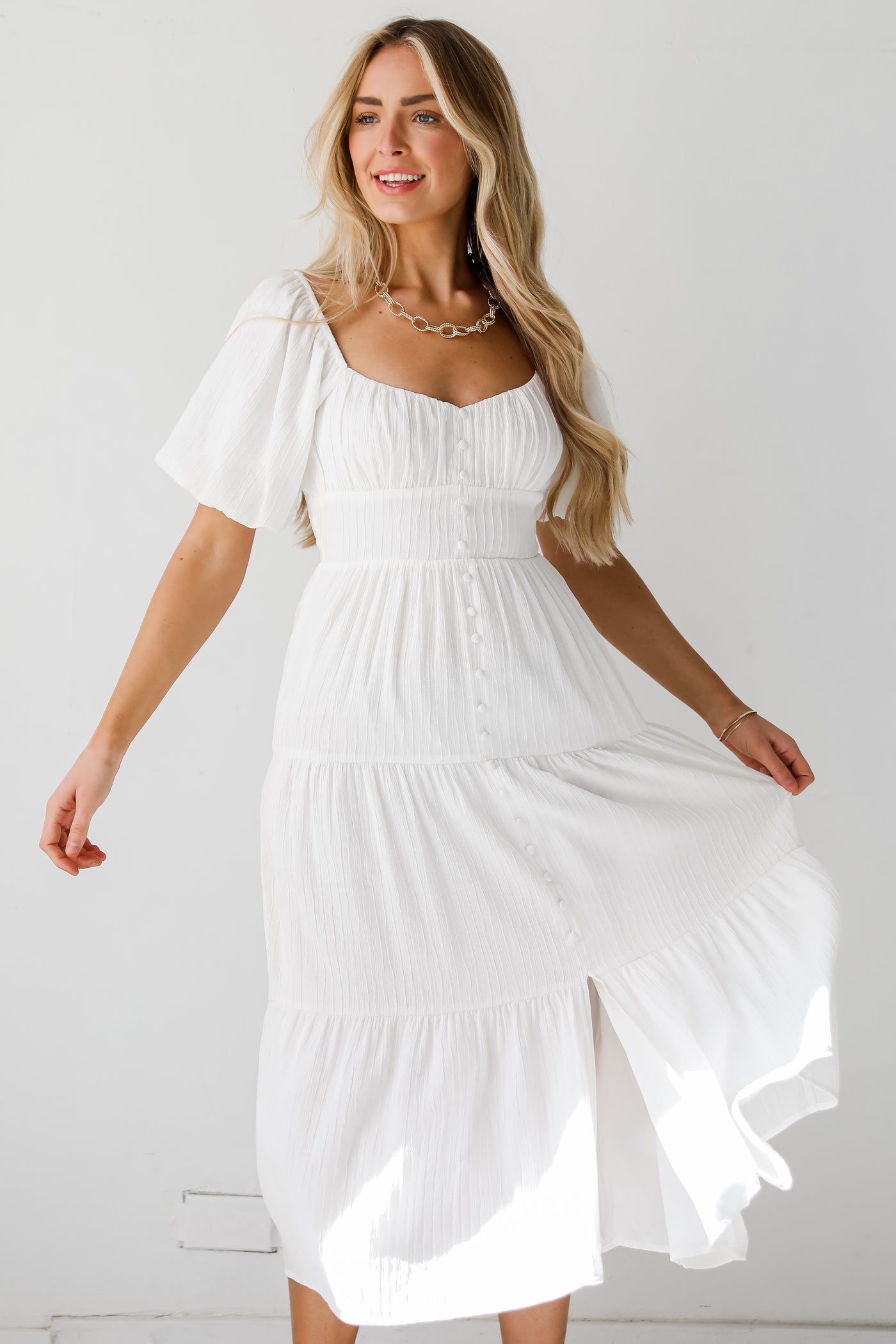 White Tiered Midi Dress for women