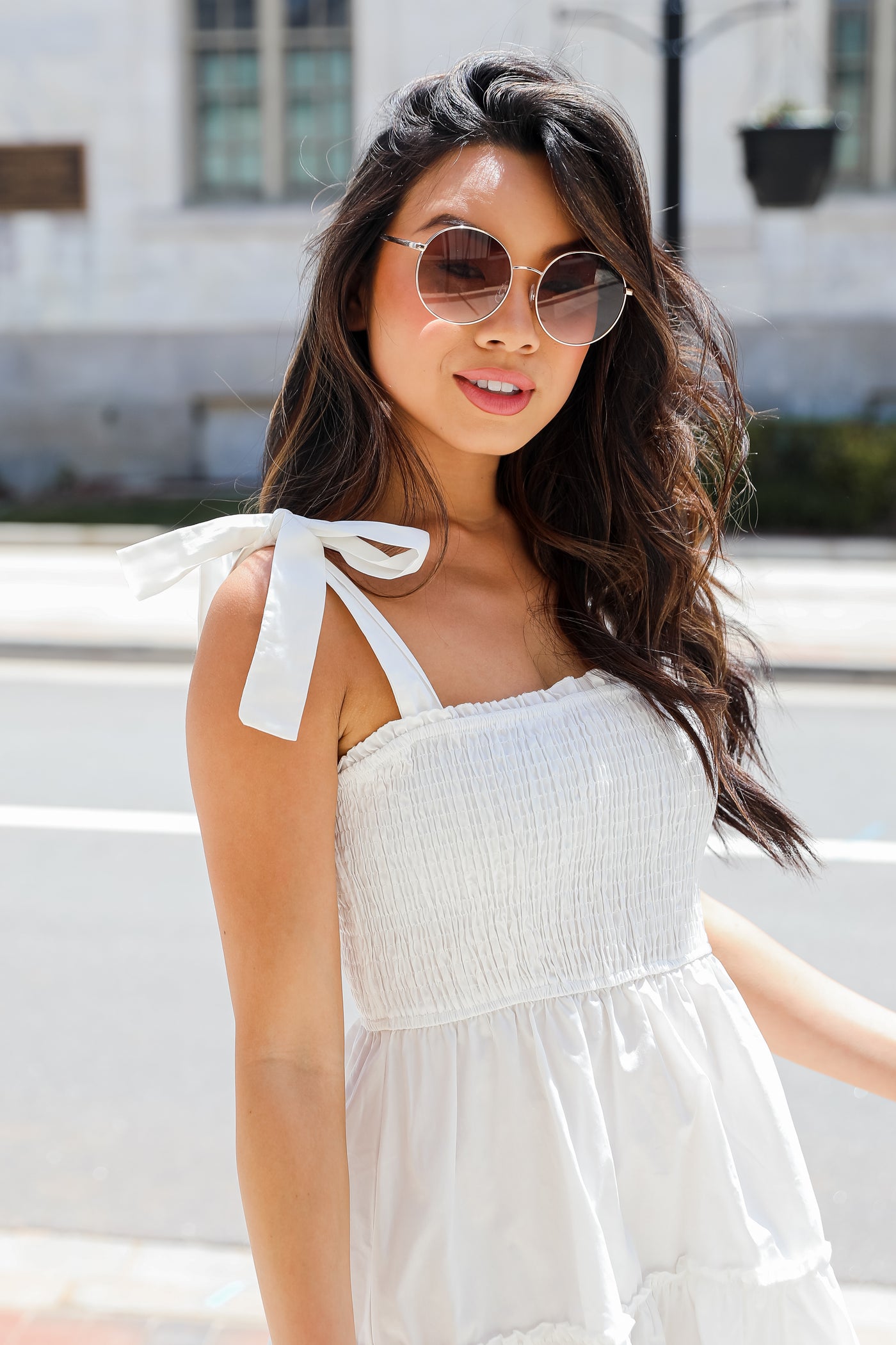 white Tiered Mini Dress on model