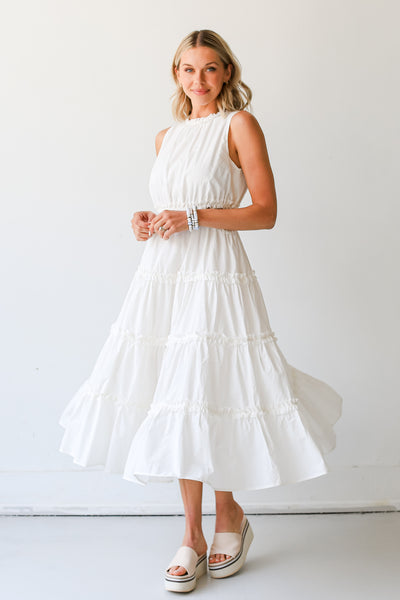 white Tiered Ruffle Maxi Dress front view