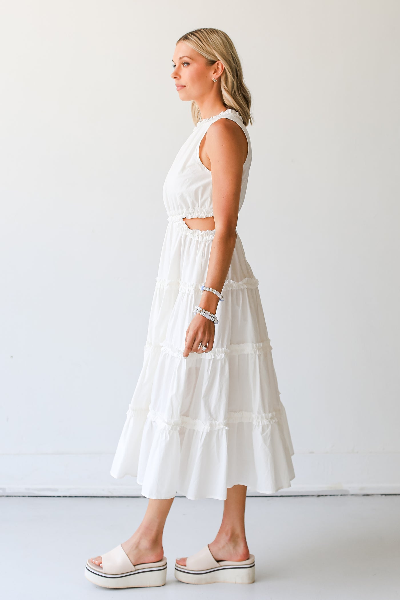 white Tiered Ruffle Maxi Dress side view