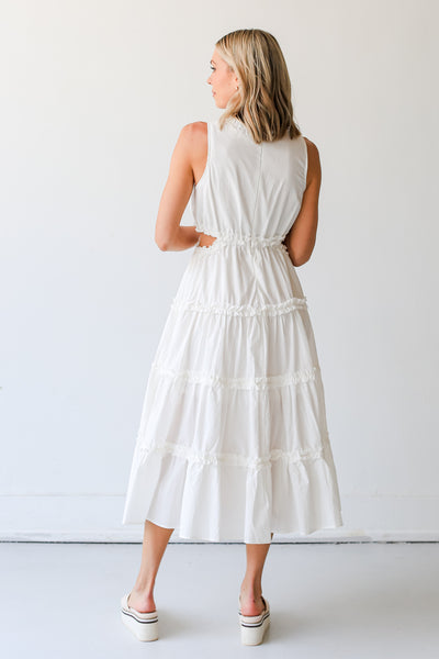 white Tiered Ruffle Maxi Dress back view