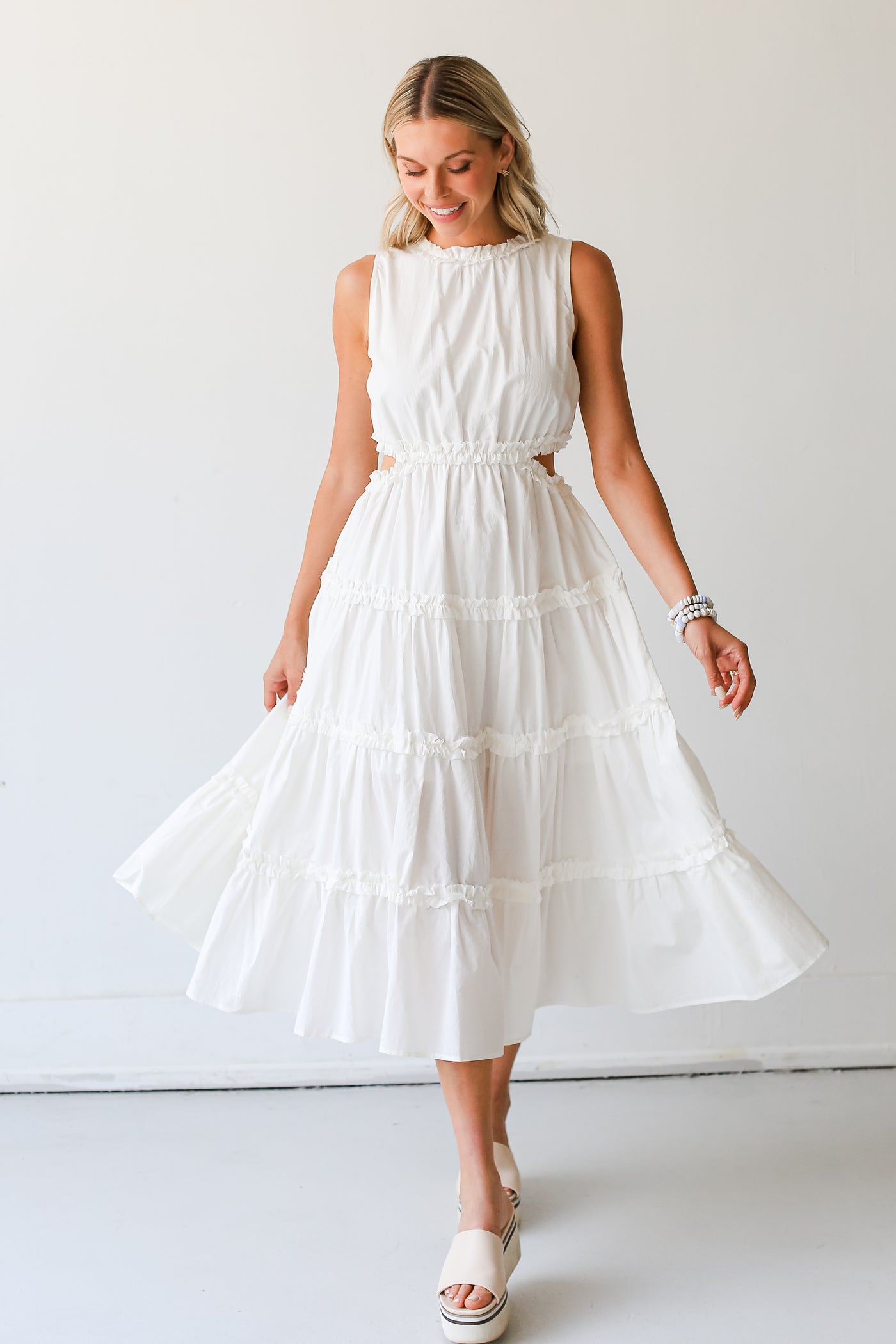 white Tiered Ruffle Maxi Dress on dress up model