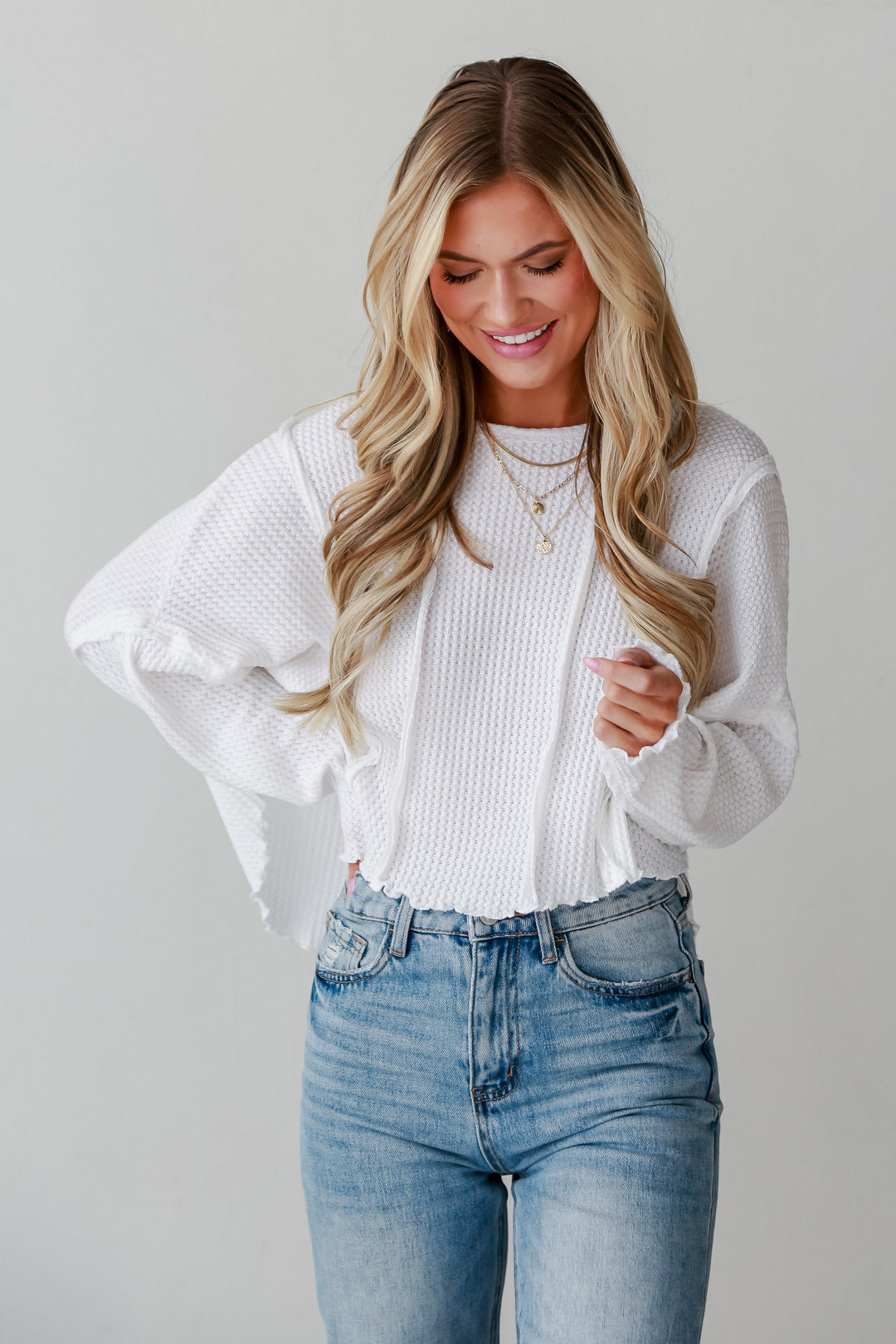 White Waffle Knit Top front view
