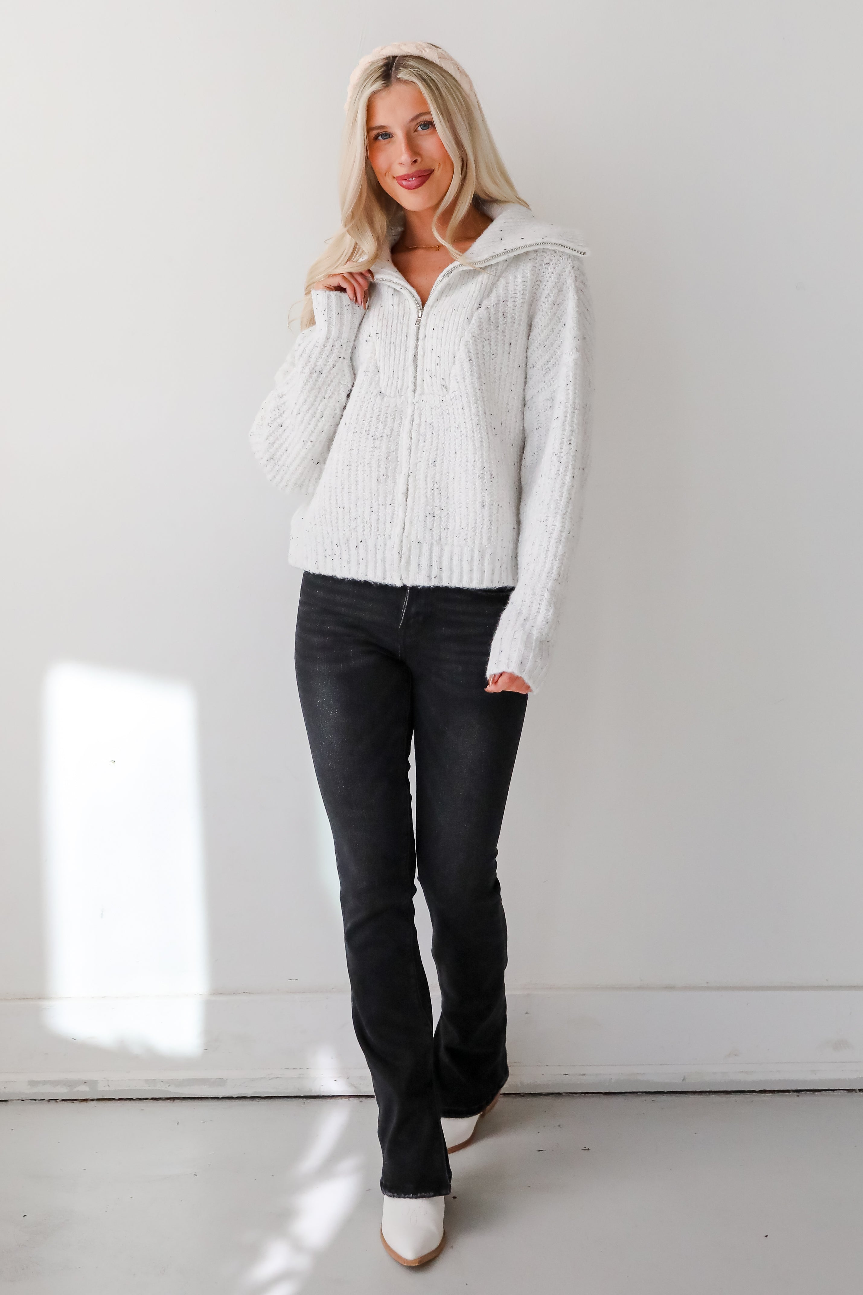 Cozy Agenda White Zip-Up Sweater