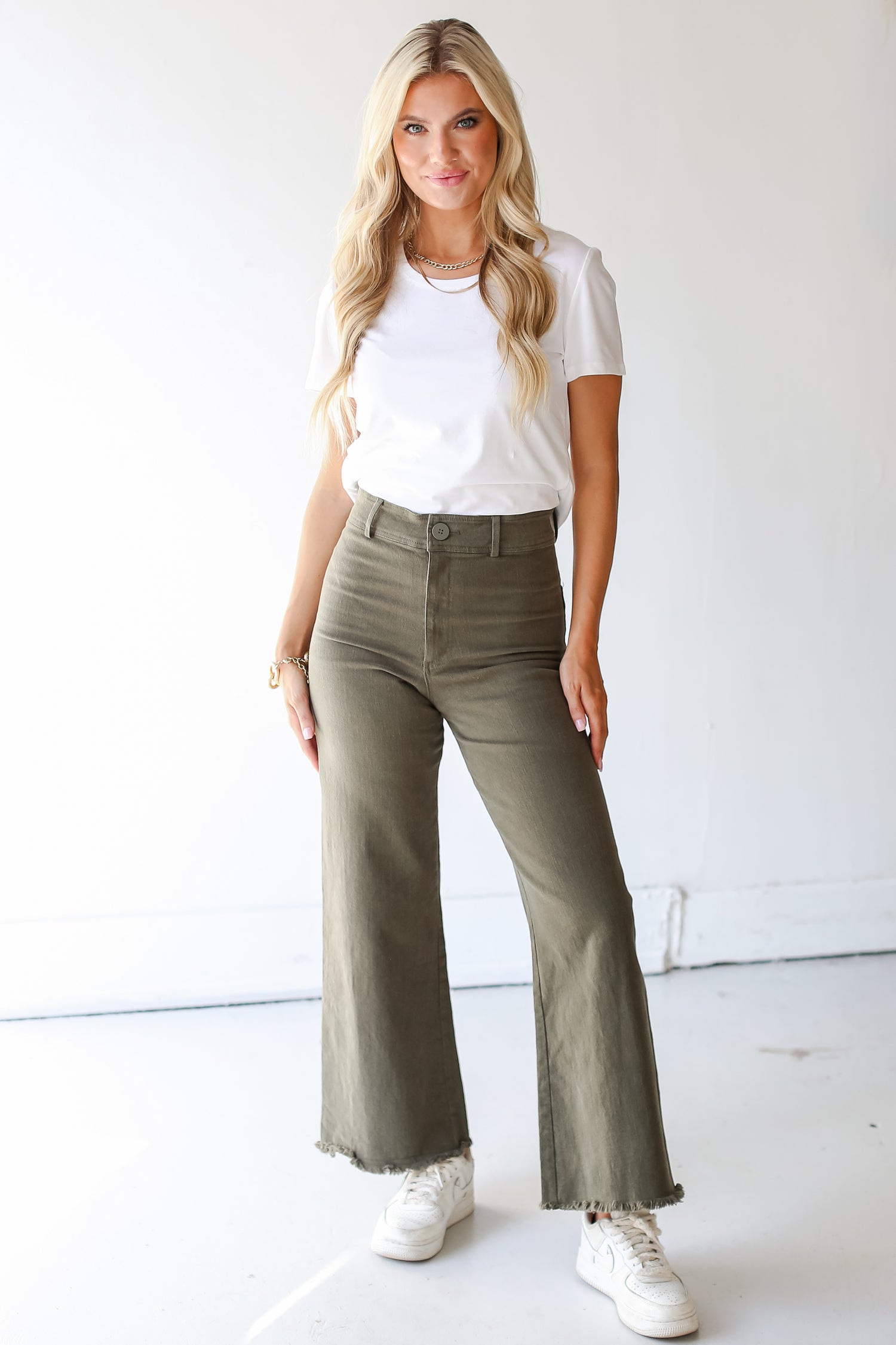olive Wide Leg Jeans front view
