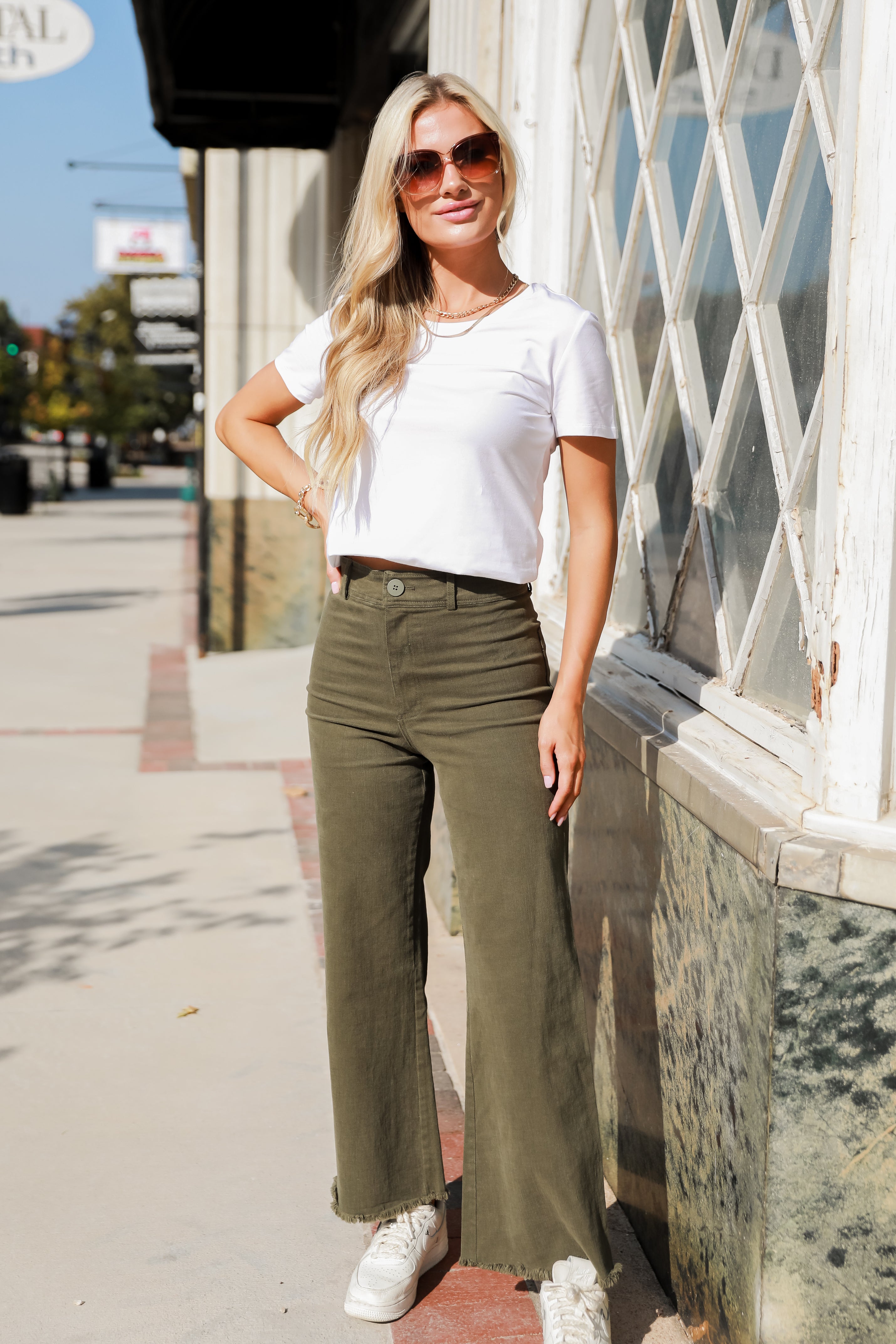 olive Wide Leg Jeans on model