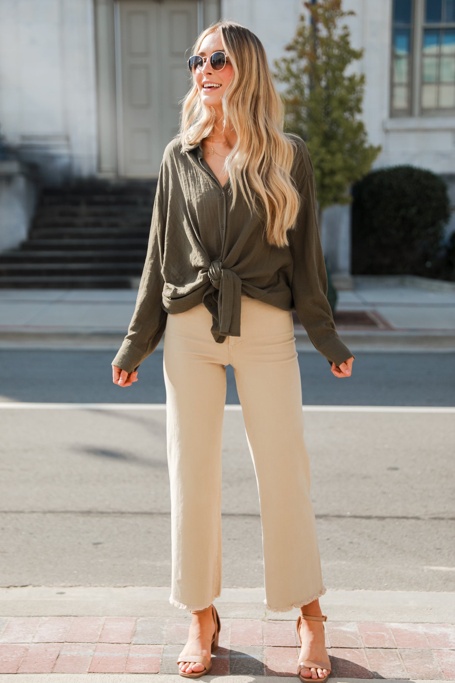 khaki Wide Leg Jeans on model