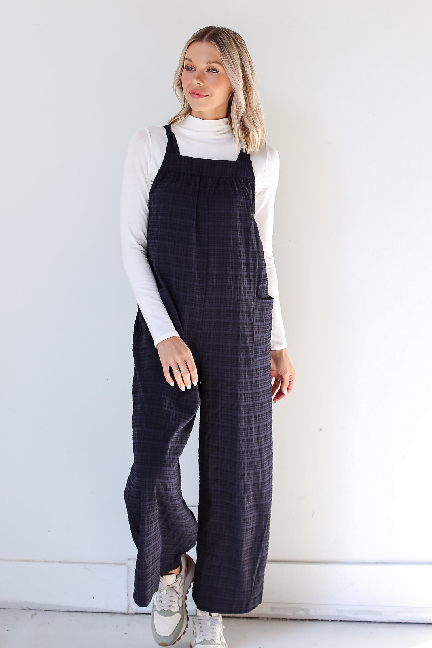 black Textured Wide Leg Jumpsuit front view