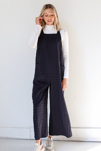 black Textured Wide Leg Jumpsuit front view