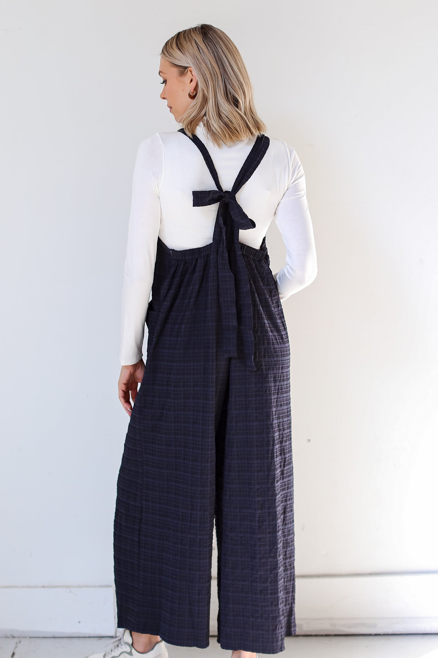 black Textured Wide Leg Jumpsuit back view