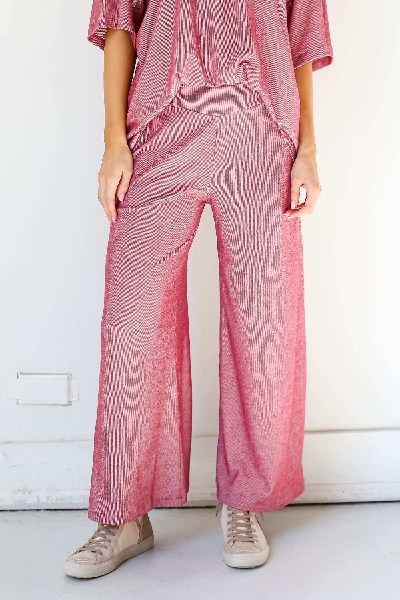 red Wide Leg Pants close up