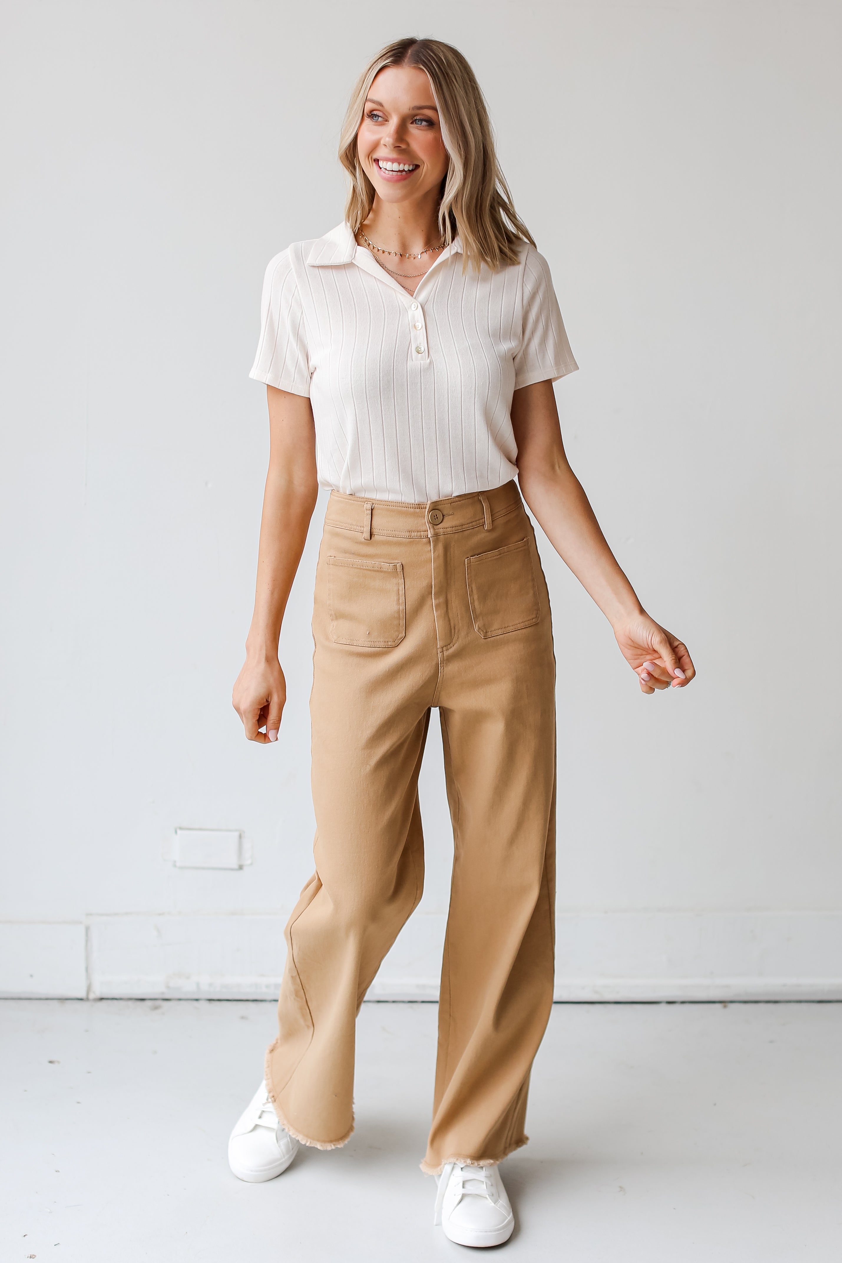 model wearing khaki Wide Leg Jeans