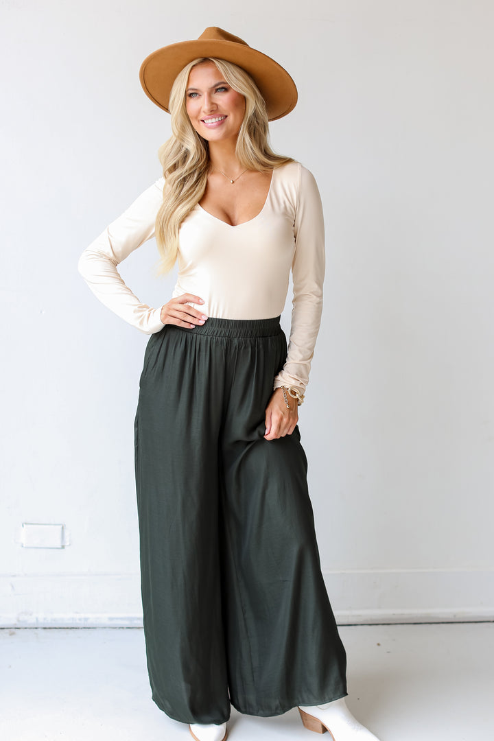 olive Satin Wide Leg Pants on model