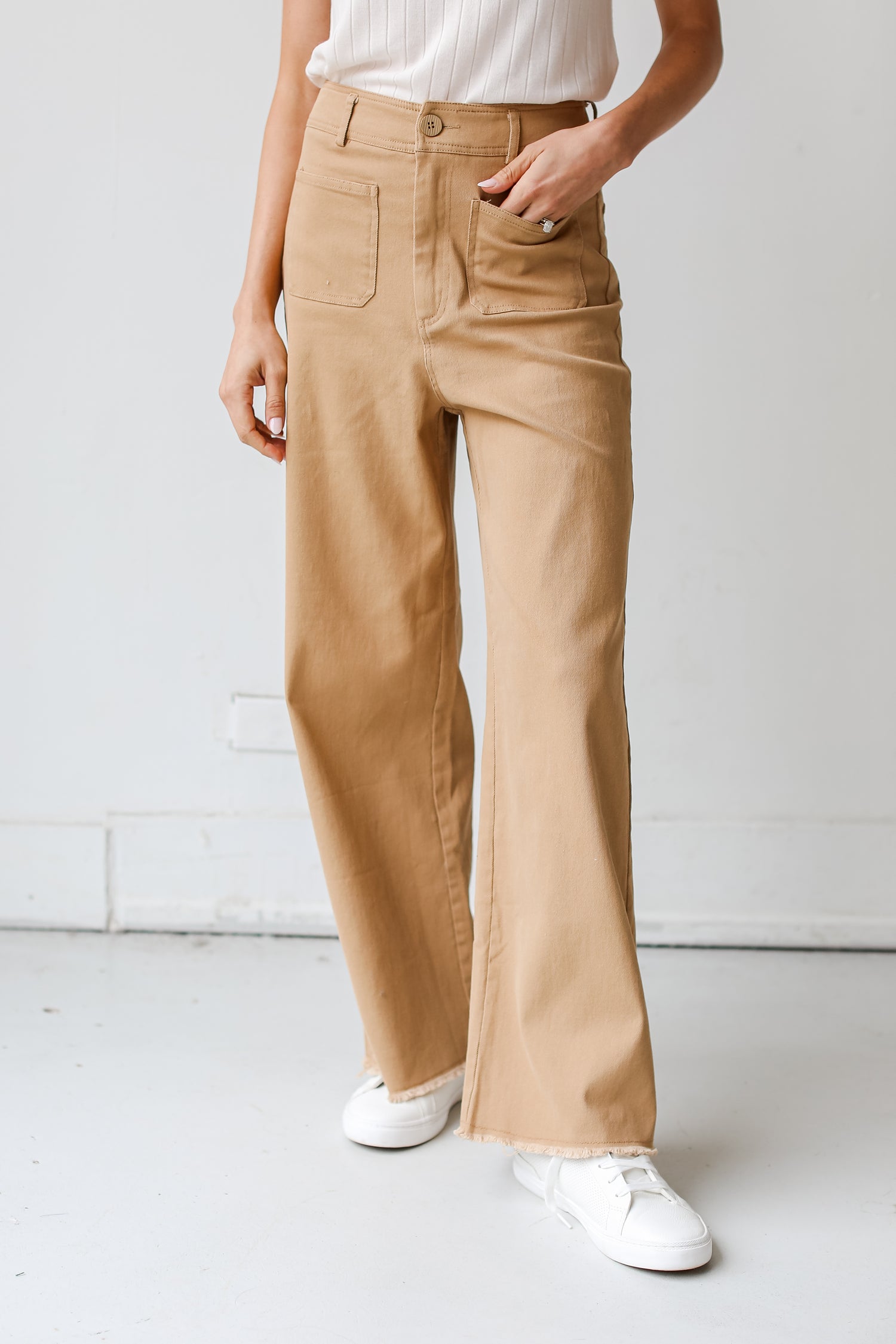 khaki Wide Leg Jeans front view on model