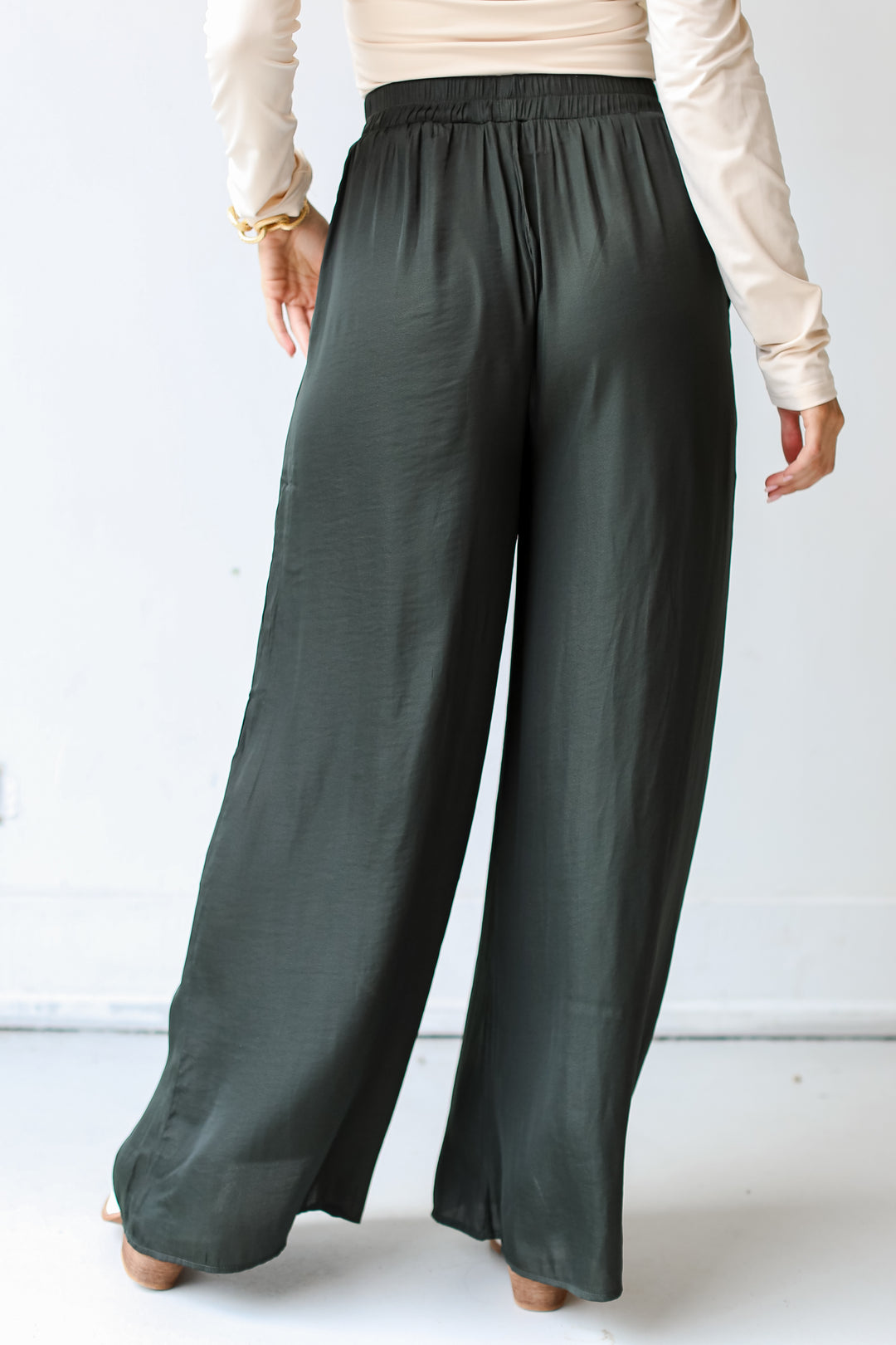 olive Satin Wide Leg Pants back view