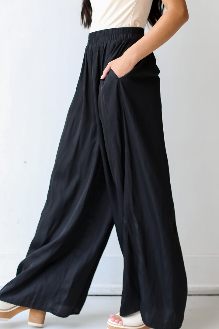 black Satin Wide Leg Pants side view