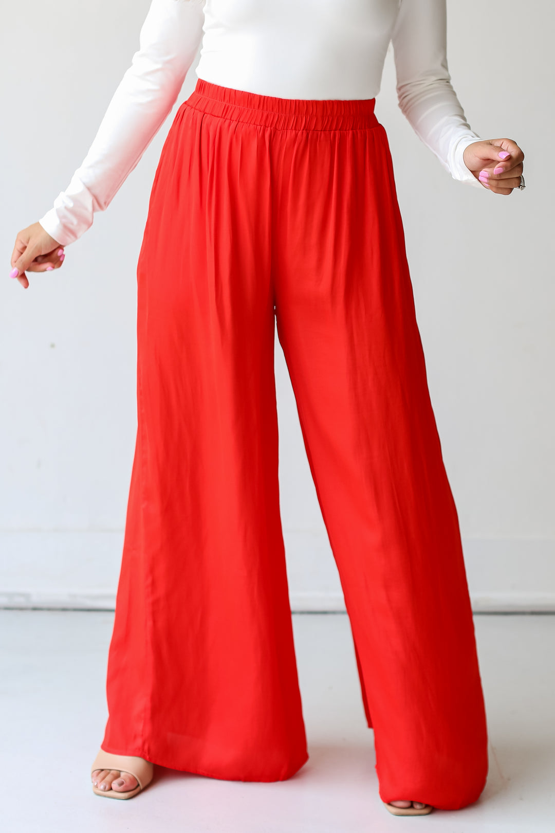 red Satin Wide Leg Pants close up