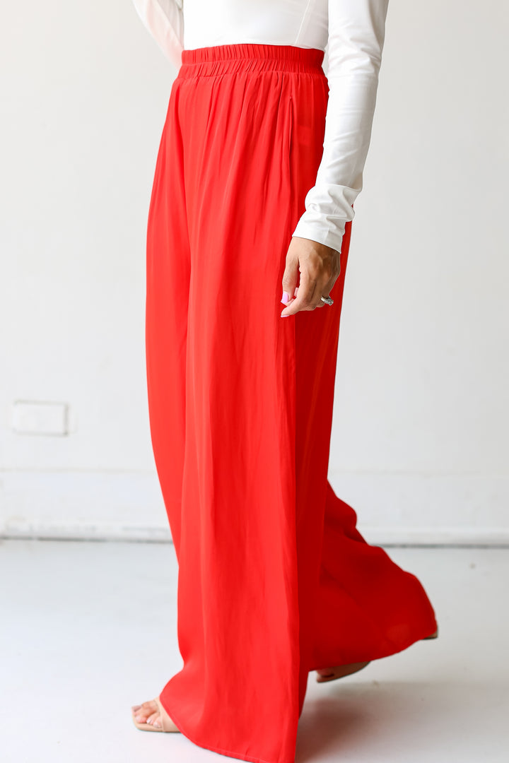 red Satin Wide Leg Pants side view