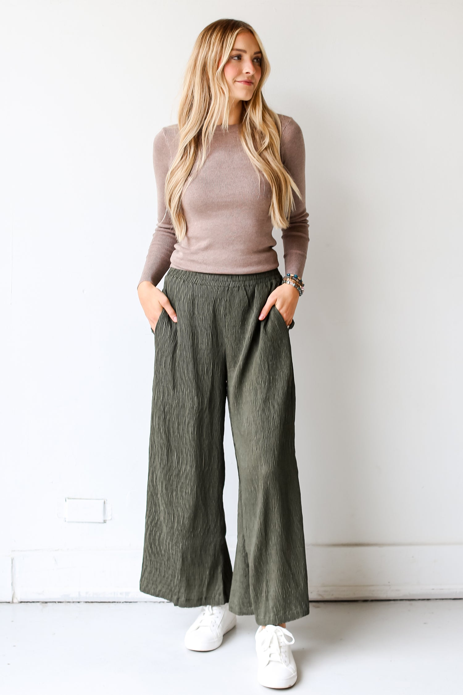 olive green Plisse Wide Leg Pants