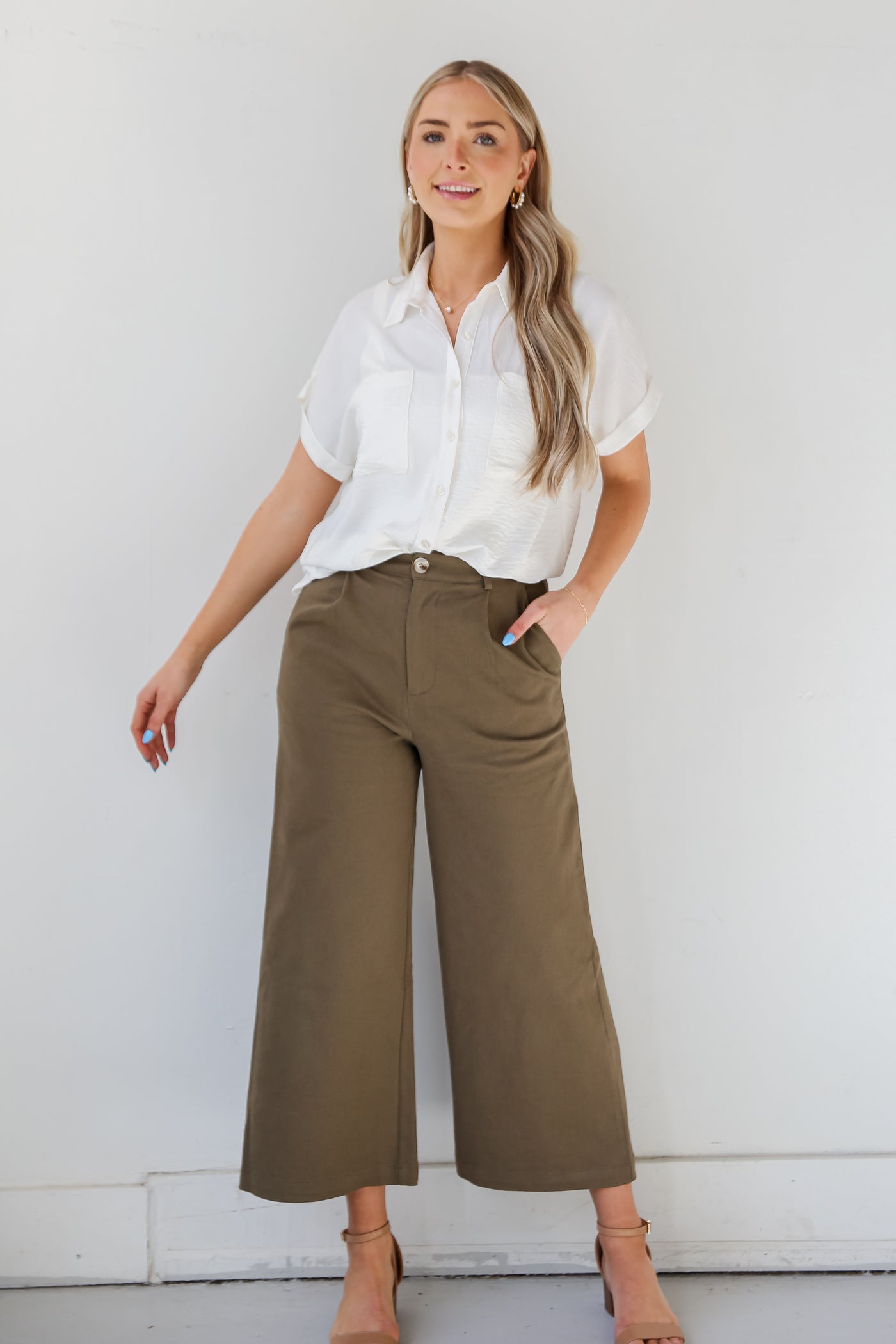 olive green Wide Leg Pants front view