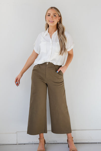 olive green Wide Leg Pants front view