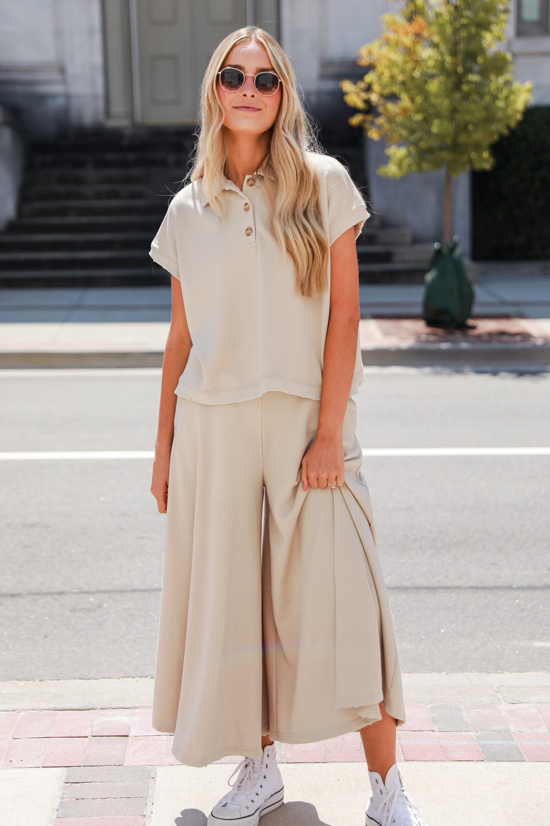 taupe Wide Leg Pants on model