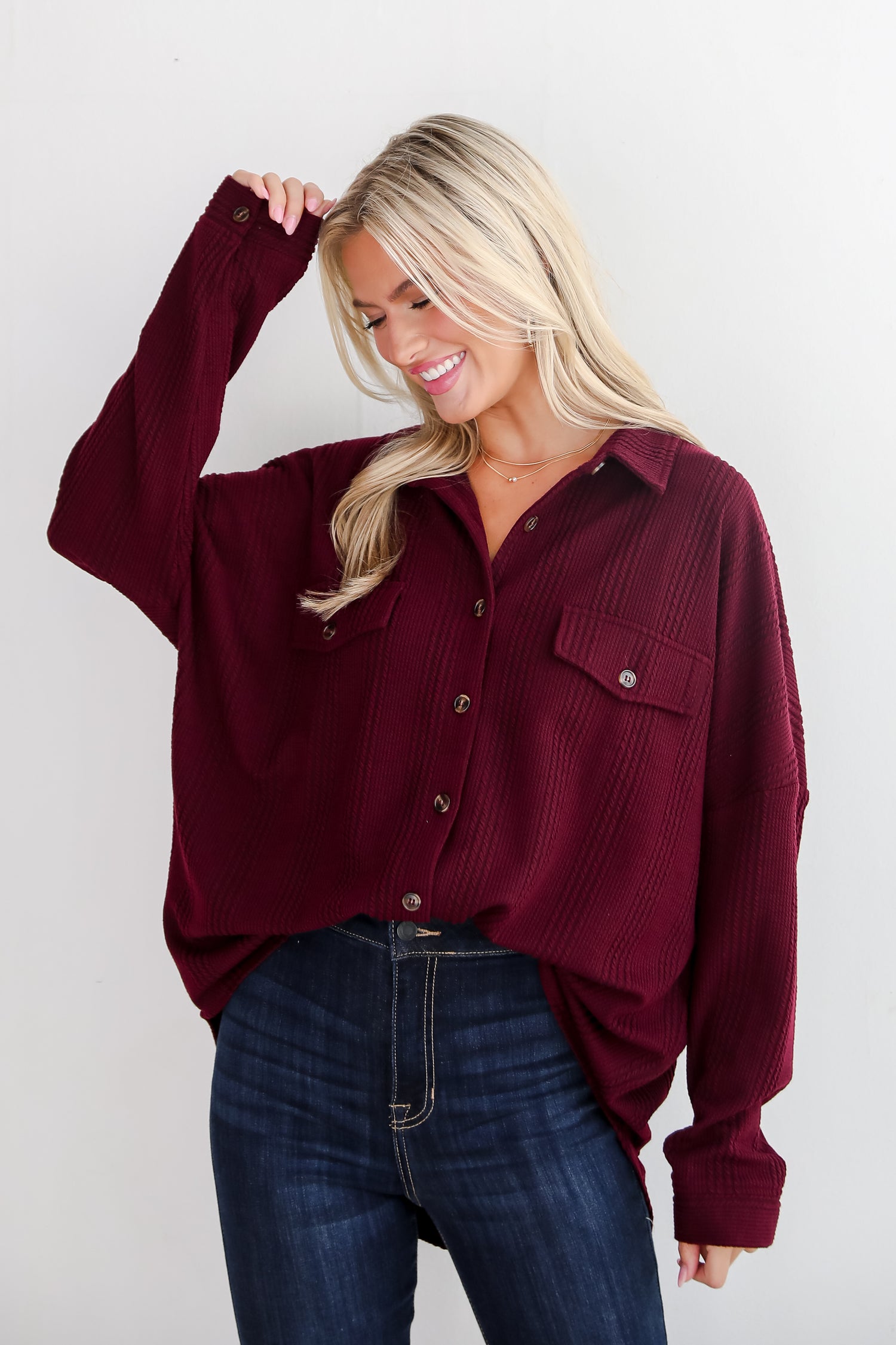 Reliably Cozy Wine Knit Button-Up Top