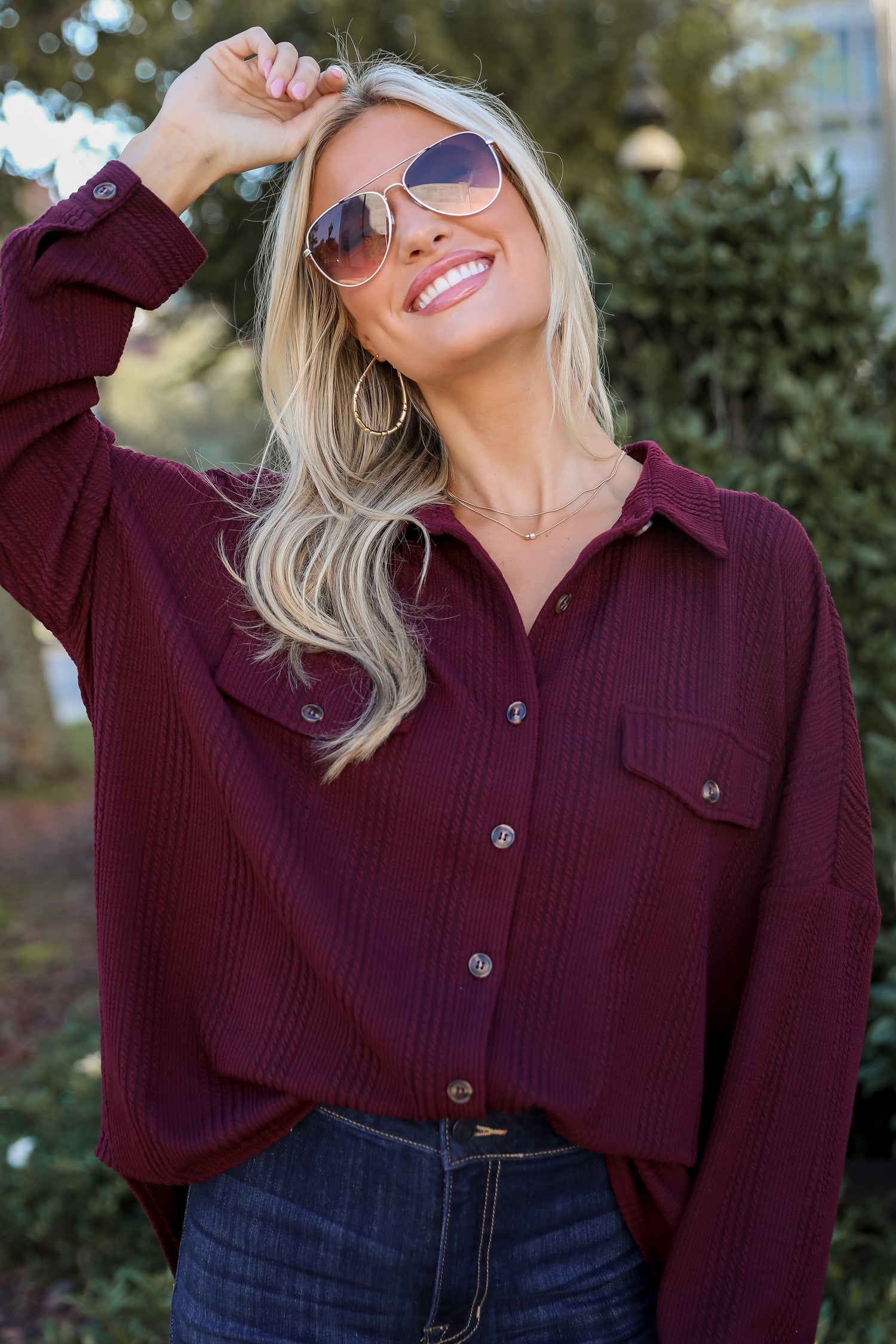 Reliably Cozy Wine Knit Button-Up Top