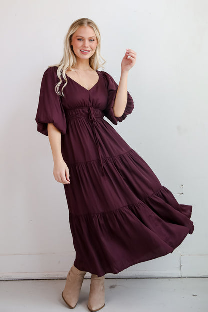 Extravagant Muse Wine Tiered Midi Dress