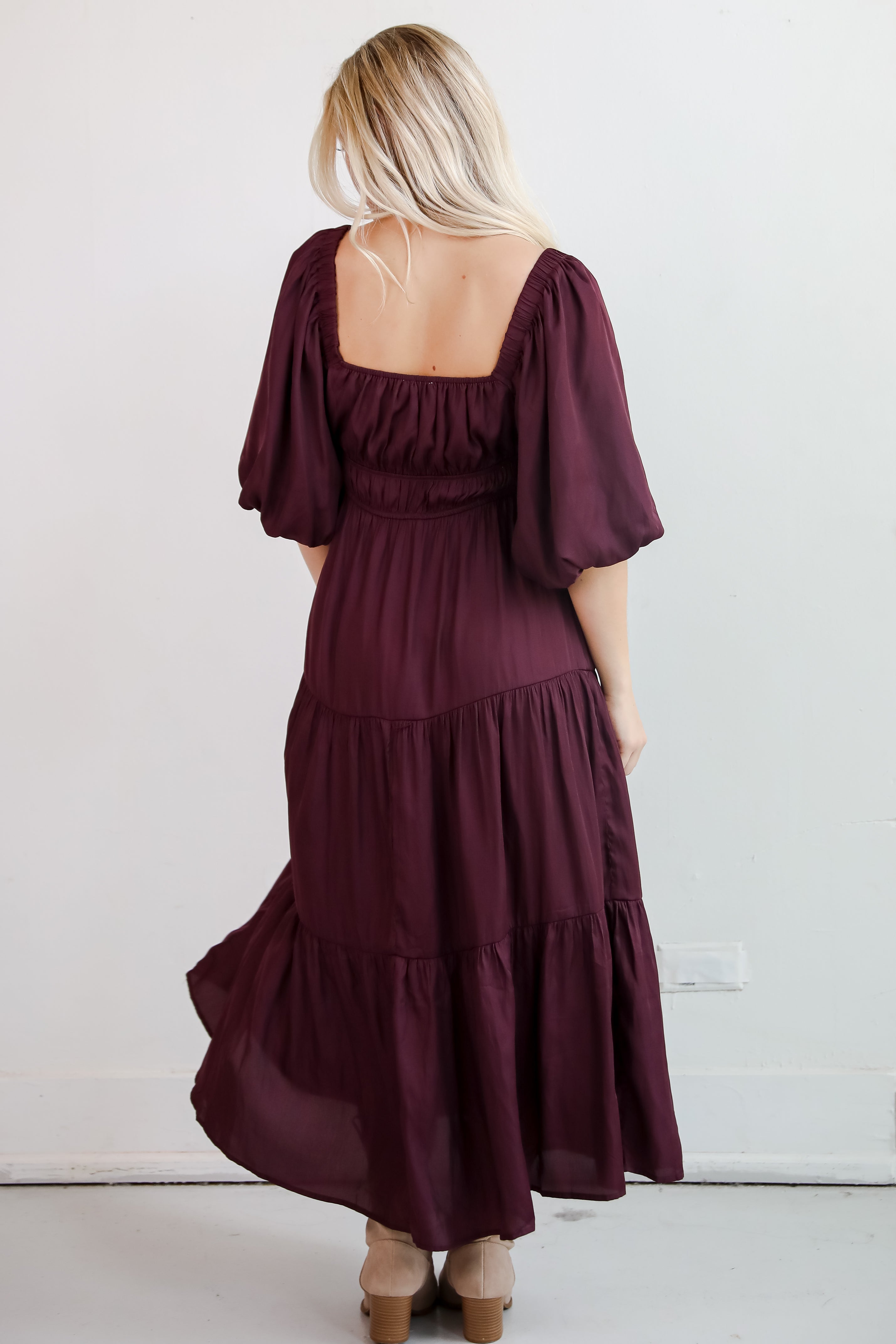 Extravagant Muse Wine Tiered Midi Dress