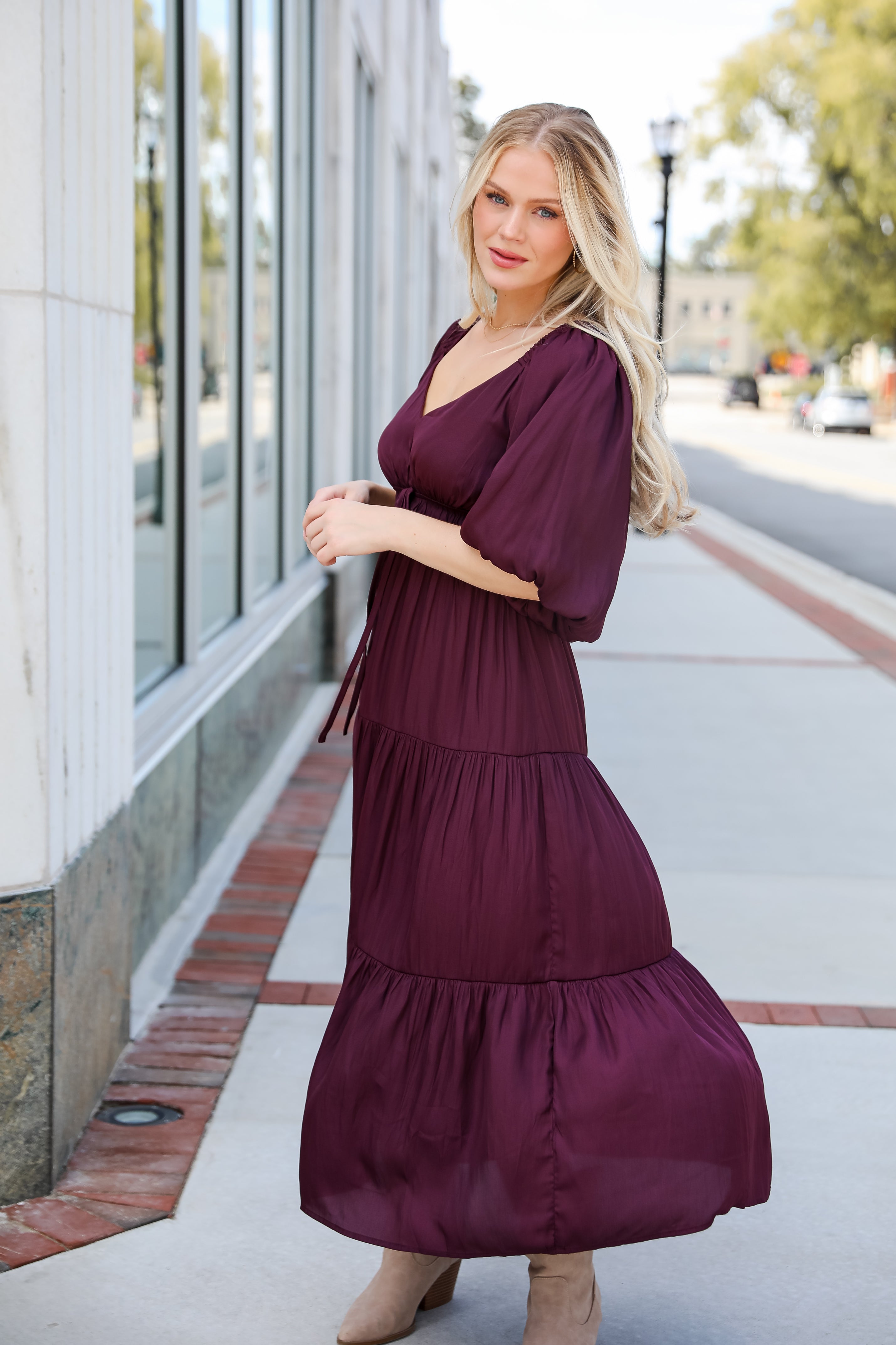 Extravagant Muse Wine Tiered Midi Dress