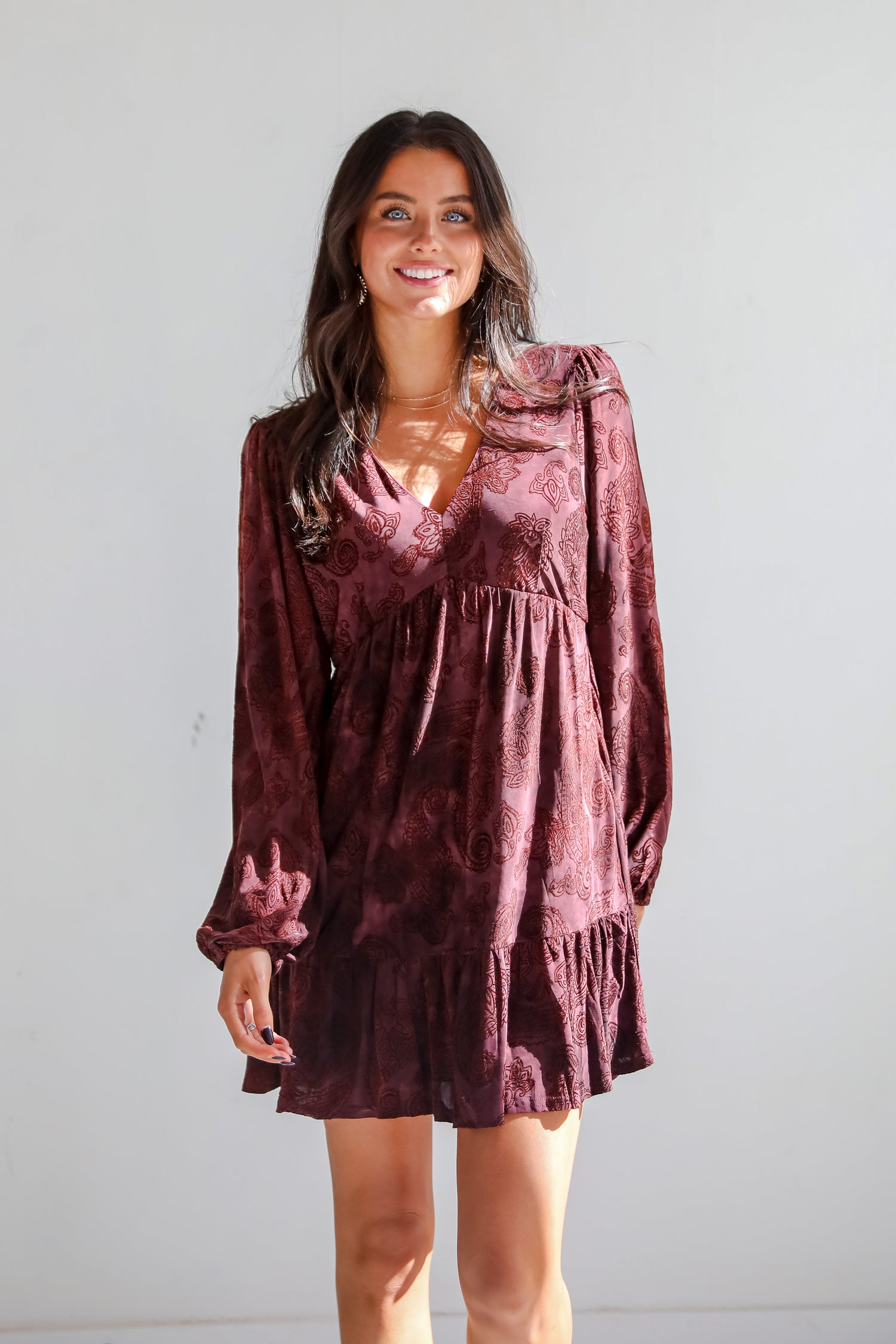 Signature Charm Wine Velvet Paisley Mini Dress